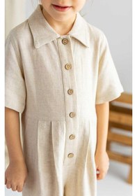 Resim Oliven The Kid Oliventhekid Bej Naturel Keten Önden Düğmeli Beli Pileli Kısa Kol Kız Çocuk Tulum Bej Bej 