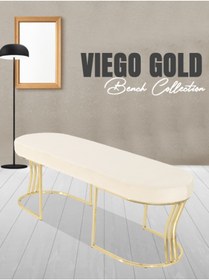 Resim Gazzini Furniture Viego Gold Smooth Bench Lüks Metal Gold Ayak, Chester Model Yatak Ucu Beyaz Puf 