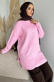 Resim Gülseli Bisiklet Yaka Yırtmaçlı Tesettür Triko Tunik Pembe TZL-P-00020085 