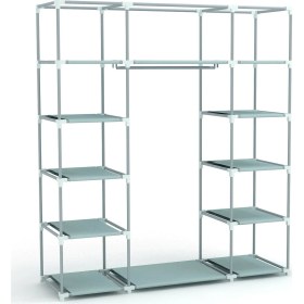 Resim Pormet Bez Dolap Metal Profilli 12 Raf + Askılık Portatif Pratik Bez Kumaş Gardırop Dolap LACİVERT 