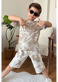 Resim Riccotarz Erkek Çocuk New York Yazı Baskı Ve Batık Desenli Penye T-shirt Kahverengi Şortlu Takım Kahverengi 