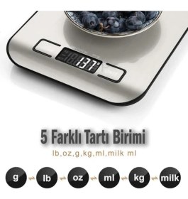 Resim Mutfak Terazisi - Paslanmaz Çelik Yüzeyli Tartı, 5 kg Kapasiteli, Dara Özellikli, LCD Ekranlı, 5 Birim Dönüşümlü, Pilli, Tartı 