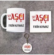 Resim Şef Aşçı Hediye Seti Kupa Bardak+Altlık+Anahtarlık 