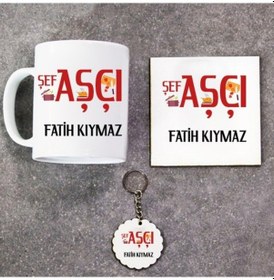 Resim Şef Aşçı Hediye Seti Kupa Bardak+Altlık+Anahtarlık 