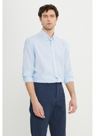 Resim AC&Co / Altınyıldız Classics Erkek Mavı Beyaz Pamuklu Keten Comfort Fit Rahat Kesim Düğmeli Yaka Çizgili Gömlek Mavı Beyaz 