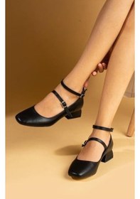 Resim Seribo Çift Toka Detaylı Kısa Topuklu Kadın Babet Ayakkabı Siyah 