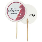 Resim 20 Adet Kişiye Özel Yuvarlak Bayraklı Baskılı Kına Hatırası Pasta Kürdanı 6,5 Cm -3 