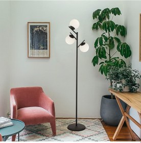 Resim Renji 3Lü Siyah Boyalı Beyaz Camlı Modern Tasarım Metal Lambader 