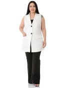 Resim Büyük Beden Düğmeli Kapaklı Cepli Astarlı Uzun Beyaz Yelek 