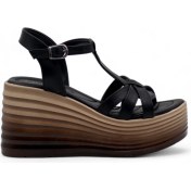Resim Lameira Desenli Dolgu Topuk Çapraz Kadın Sandalet - Siyah - 36 