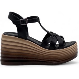 Resim Lameira Desenli Dolgu Topuk Çapraz Kadın Sandalet - Siyah - 36 