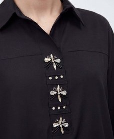 Resim Puane Kadın Taş Aksesuarlı Gömlek Yaka Tunik - 26S-10774TUN - BLACK 