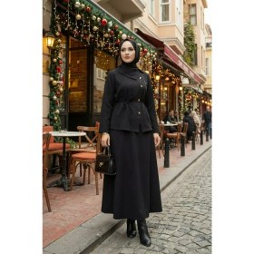 Resim Modestim Kadın Çapraz Düğme Tesettür Ikili Takım Kuşaklı Tunik Uzun Etek Takım Günlük ve Şık Kombin Siyah 