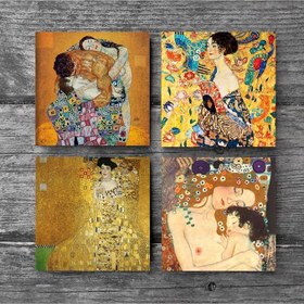 Resim Gustav Klimt Yelpazeli Kadın, Bauer'in Portresi, Aile Kucaklama, Anne Çocuk Taş Bardak Altlığı Seti - 4 Parça - Dekoratif, Rustik Mutfak Aksesuarı, 10x10 cm, Kaydırmaz Tabanlı SC335 