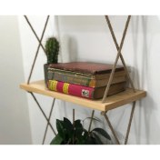 Resim O&A Wood Halatlı Doğal Ahşap Dekoratif Duvar Rafı, 3 Katlı Ahşap Çiçeklik, Retro Hasır Ipli Ahşap, Renksiz 