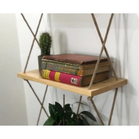 Resim O&A Wood Halatlı Doğal Ahşap Dekoratif Duvar Rafı, 3 Katlı Ahşap Çiçeklik, Retro Hasır Ipli Ahşap, Renksiz 