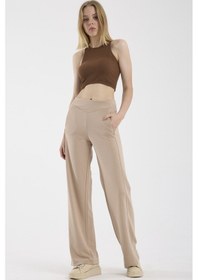 Resim Yumuşak Dokulu Bol Paça Eşofman Alt - Bej Bej 