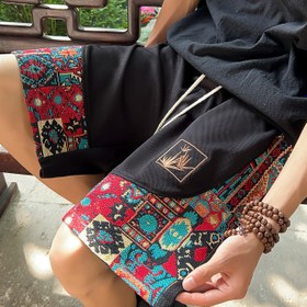 Resim Erkekler için Vintage Etnik Şortlar - Geometrik Desenli Rahat Kesim Yaz Stili, Koyu Yeşil Polyester Karışımı, Kültürel ve Açık Hava Etkinlikleri İçin Mükemmel 