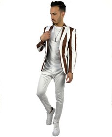 Resim AGUSTİNİ Kahverengi Beyaz Şerit Desen Torba Cep Blazer Tek Ceket Slim Fit | Agustini 