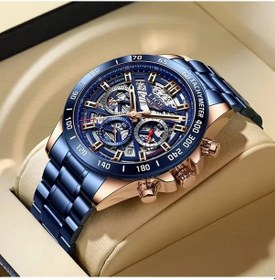 Resim Fochsia Lıge Erkekler Şık Kuvars Saati Spor Tasarım Paslanmaz Çelik Kordon Altın Mavi Hediye Diğer 