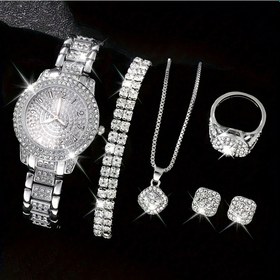 Resim 6 adet Set Şık Kadınlar için Kuvars Saat, Gümüş Renkli Araba Numaralı Saat, Çinko Alaşımlı Kasa, Dijital Ekran, Şok Geçirmez, Non, Kolye, Bileklik, Yüzük, Küpe ile, Moda Minimalist Bilek Saati, Anneler ve Ramazan için Hediye 