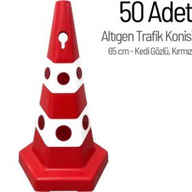 Resim İleri Trafik 50'li Kedi Gözlü Kırmızı Altıgen Trafik Konisi Seti 65 cm Trafik Dubası 
