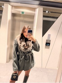 Resim Labien Butik Caty Gri Yakası Kürklü Çizgili Kaşe Kaban 
