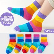 Resim 5 Çift Çocuk Orta Boy Çorap - Gökkuşağı Gradyan Renkler (Mavi/Mor/Pembe/Turuncu/Kırmızı), Yumuşak Polyester Her Mevsim Günlük ve Parti Çorabı, Okul, Doğum Günleri, Oyun Buluşmaları İçin - Yastıklı Tabanlı, Kolay Elde Yıkama, Canlı Desenli Çocuk Çorapları 
