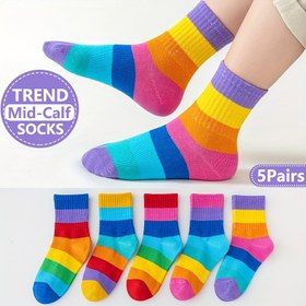 Resim 5 Çift Çocuk Orta Boy Çorap - Gökkuşağı Gradyan Renkler (Mavi/Mor/Pembe/Turuncu/Kırmızı), Yumuşak Polyester Her Mevsim Günlük ve Parti Çorabı, Okul, Doğum Günleri, Oyun Buluşmaları İçin - Yastıklı Tabanlı, Kolay Elde Yıkama, Canlı Desenli Çocuk Çorapları 
