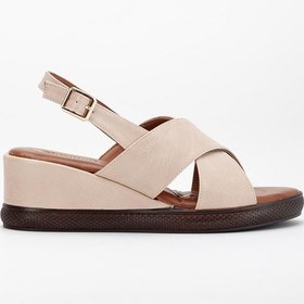 Resim Kadın Dolgu Topuklu Ayakkabı Sandalet Bej Çapraz Bantlı Suni Deri-4096 Bej 