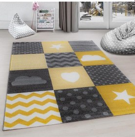 Resim Kareli Yıldız Kalp Bulut Desenli Soft Çocuk Odası Halısı Gri Sarı Beyaz Sarı 