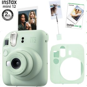 Resim Fujifilm Instax Mini 12 Yeşil Fotoğraf Makinesi - 10'lu Film - Kıskaçlı Resim Standı ve Silikon Kılıf Seti 