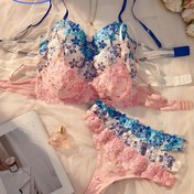 Resim Rastgele 1 Set, Mavi, Beyaz, Pembe, Tatlı Stil Çiçek Nakışlı İç Çamaşırı Seti, Çift Katmanlı Görünmez Sütyen ve Tanga, Sliky Fiber Kumaş Kaplı Rahat Sütyen ve Düşük Bel Külot, Zarif Günlük İç Çamaşırı Seti 