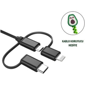 Resim Awetron Apple Mfi Lisanslı Lightning + Type-C + Micro Usb 3'lü Hasır İp Kablo 1,5metre 