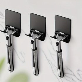 Resim 3'lü Self-Adhesive Jiletle Tutucu ile Havlu Askıları, Duvar Monte Banyo Organizatörü, Delme Gerektirmez, Traş Makineleri ve Jiletlar için 