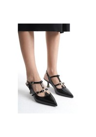 Resim Feles Şeker Topuklu Çift Toka Detaylı Arkası Açık Stiletto Kadın Kısa Topuklu Ayakkabı Siyah 