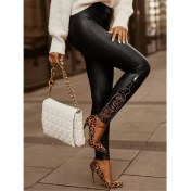 Resim Arben Boutique Kadın Yüksek Bel Yandan Yırtmaçlı Dantel Detaylı Deri Tayt 