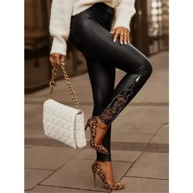 Resim Arben Boutique Kadın Yüksek Bel Yandan Yırtmaçlı Dantel Detaylı Deri Tayt 