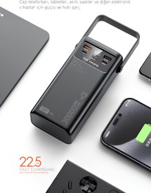 Resim POWERWAY 30.000 Mah Pd 22.5W Dahili Kablolu Hızlı Şarj Led Fener Gerçek 30.000 Mah PD30 Siyah Powerbank 