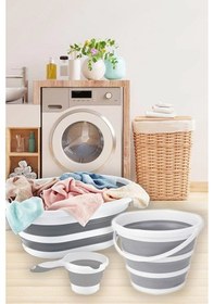 Resim Katlanır Çamaşır Sepeti, Katlanabilir Su Kovası, Maşrafa Katlanır Multi 3' Lü Set Gri 