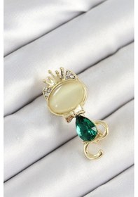 Resim Ceylan Adam Yeşil Damla Zirkon Taşlı Kraliçe Taçlı Kedi Figürlü Gold Renk Kadın Broş Çok Renkli 