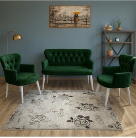 Resim Azra Mobilya Zümrüt Yeşil Babyface Kumaş Çay Seti Koltuk Takımı 2 Berjer + 1 İkili, Modern, Beyaz Ayak Yeşil 