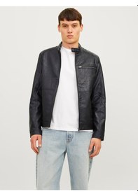 Resim Jack Jones Erkek Siyah Renk Bıker Deri Ceket 12261196 Siyah 