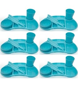 Resim Melkan Home 6'lı Çocuk Tabldot Set 5 Bölmeli Kahvaltılık Tabildot Seti Kase Bardak Çatal Bıçak Kaşık Set Turkuaz 