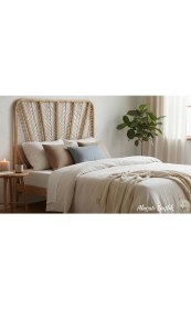 Resim Lessio Home Alaçatı Rattan Bambu Yatak Başlığı 160 cm - El Yapımı Doğal Hasır Bohem Karyola Başucu 