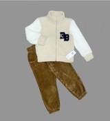 Resim 1-2-3 Yaş Kuzu Kumaş Fermuarlı Sweat Kadife Pantolonlu Uzun Kollu Kız Erkek Çocuk 2li Takım Bej 