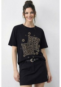 Resim Shade Kadın Taş Baskılı Leopar Desenli Bisiklet Yaka Regular Fit T-shirt 2209 60283975 - Siyah 