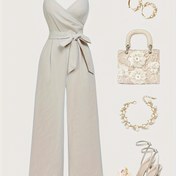 Resim Şık Kadınlar için Düz Renk V Yaka Strapless Jumpsuit, Kemerli Bel ve Geniş Bacak - Yetişkinler için Şık Yazlık Kıyafet, Rahat veya Resmi Durumlar için Çok Yönlü Moda, Rahat Yazlık Giyim | Şık Jumpsuit | Polyester Kumaş 