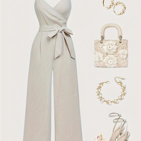 Resim Şık Kadınlar için Düz Renk V Yaka Strapless Jumpsuit, Kemerli Bel ve Geniş Bacak - Yetişkinler için Şık Yazlık Kıyafet, Rahat veya Resmi Durumlar için Çok Yönlü Moda, Rahat Yazlık Giyim | Şık Jumpsuit | Polyester Kumaş 