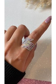 Resim Luna Argento Beyaz Altın Kaplama Rainbow Renkli Baget Taşlı Sarmal Yüzük 925 Ayar Gümüş Yüksek Kalite Üretim 
